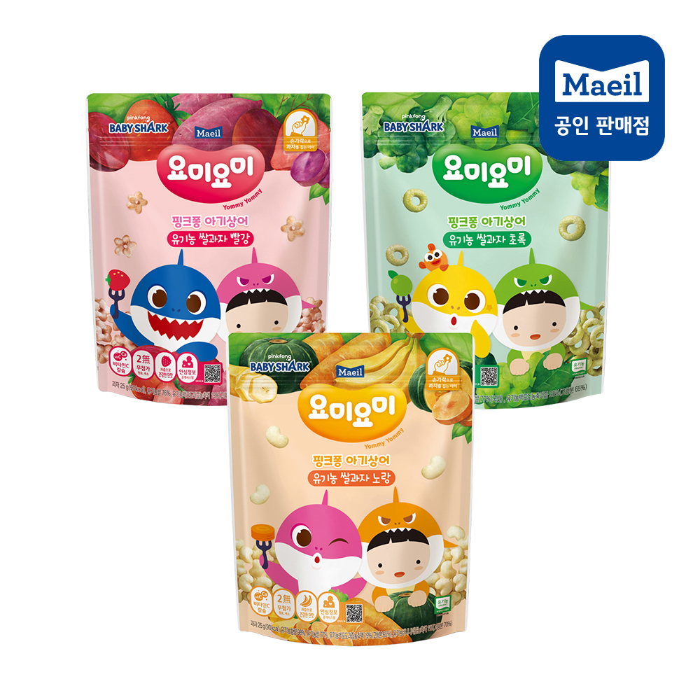 [요미요미] 핑크퐁 유기농 쌀과자 2단계 빨강1+노랑1+초록1 (총3봉)